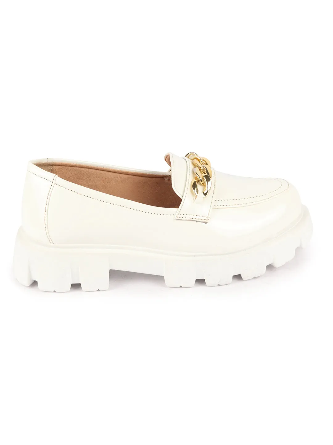 Women White Patent Leather Shiny Chain Buckle Classic Casual Slip On Loafer Shoes