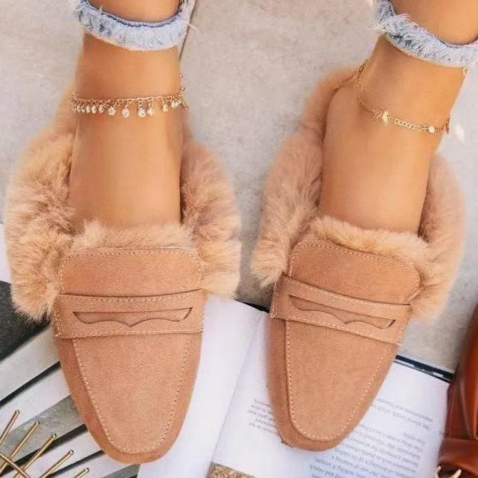 Women winter fuzzy warm slip on mules | closed toe flat slippers