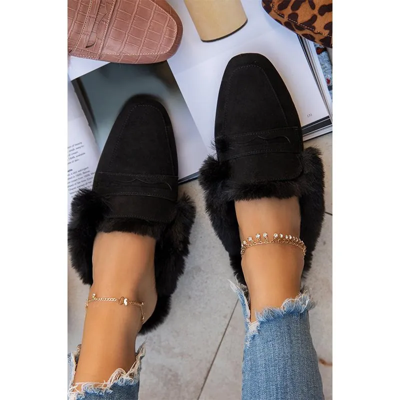 Women winter fuzzy warm slip on mules | closed toe flat slippers