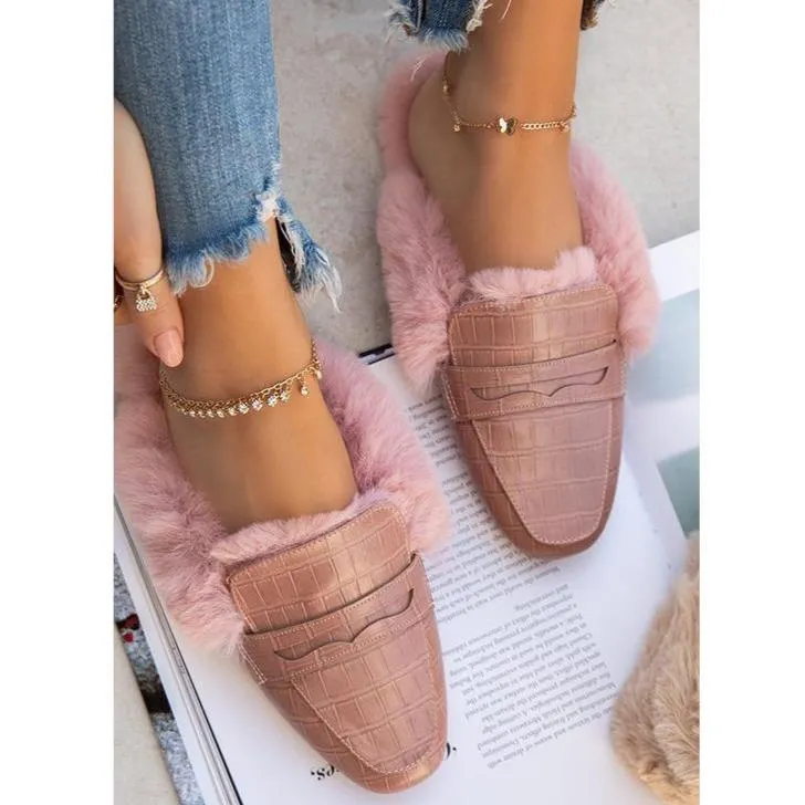 Women winter fuzzy warm slip on mules | closed toe flat slippers