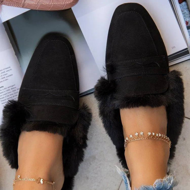 Women winter fuzzy warm slip on mules | closed toe flat slippers