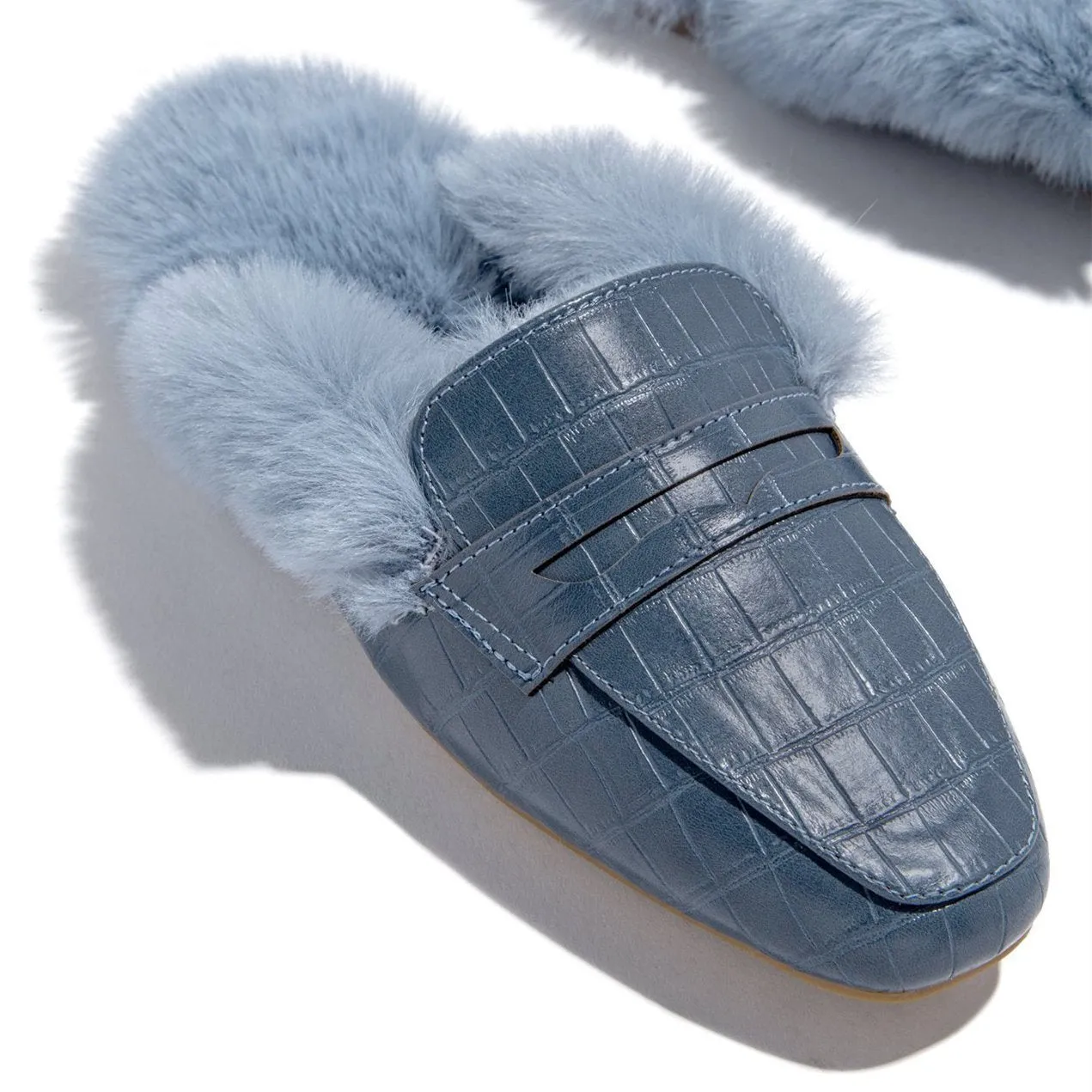 Women winter fuzzy warm slip on mules | closed toe flat slippers