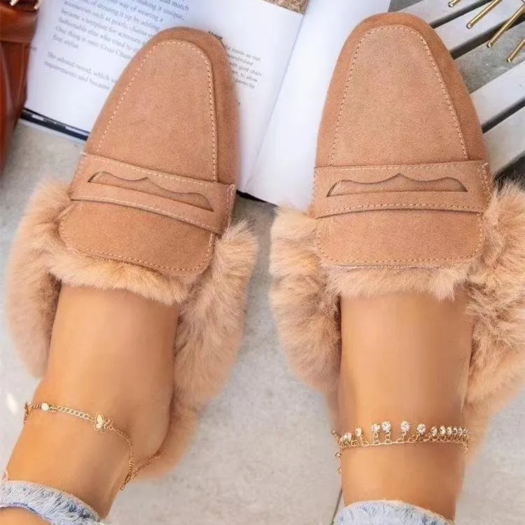 Women winter fuzzy warm slip on mules | closed toe flat slippers