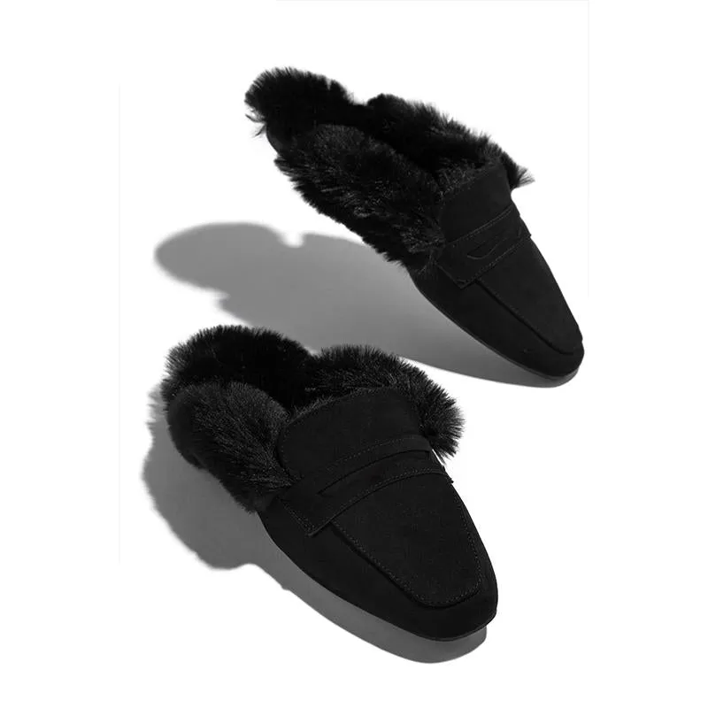 Women winter fuzzy warm slip on mules | closed toe flat slippers