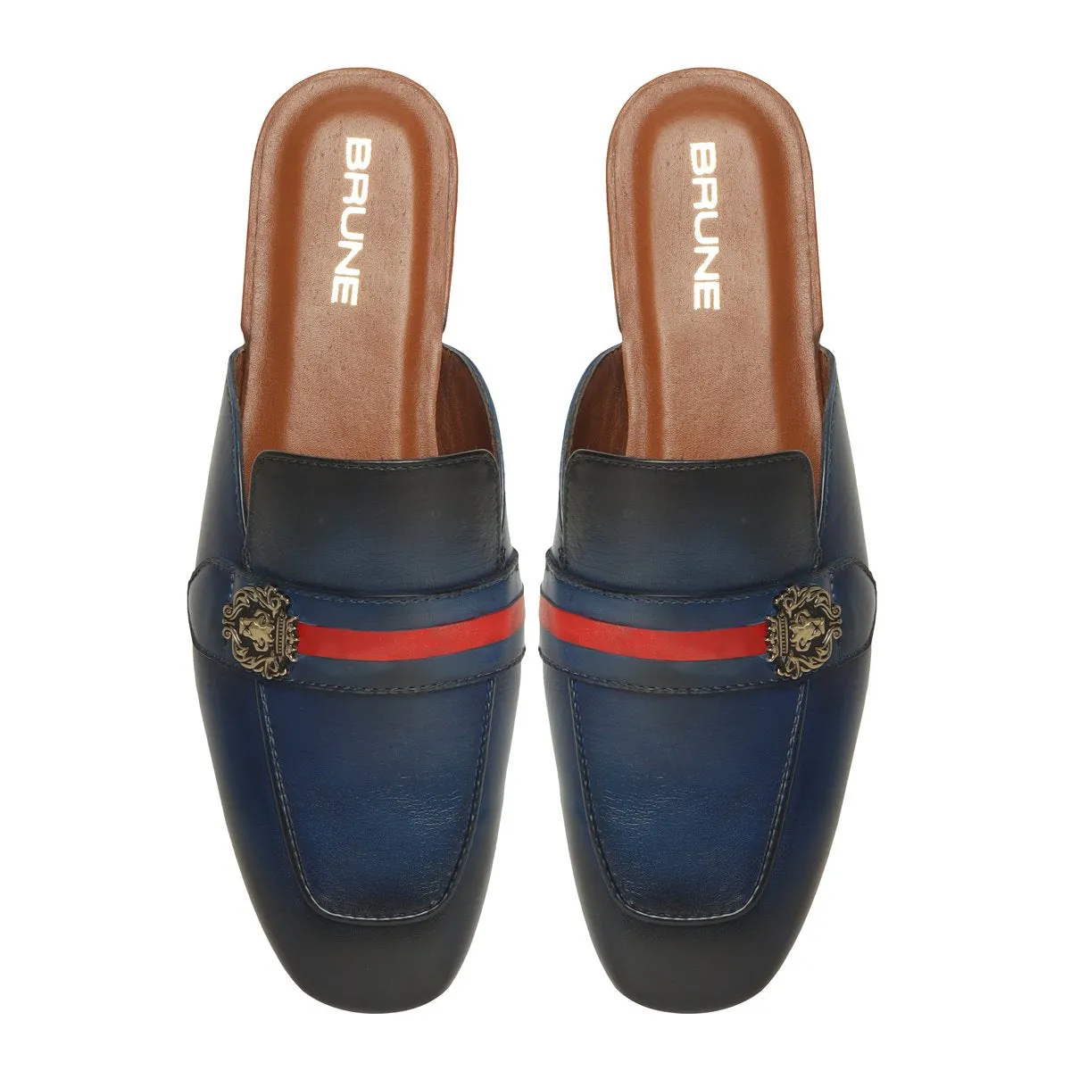 Women's Blue Leather Mules with Lion Badge & Contrasting Red/Blue Strap by Brune & Bareskin