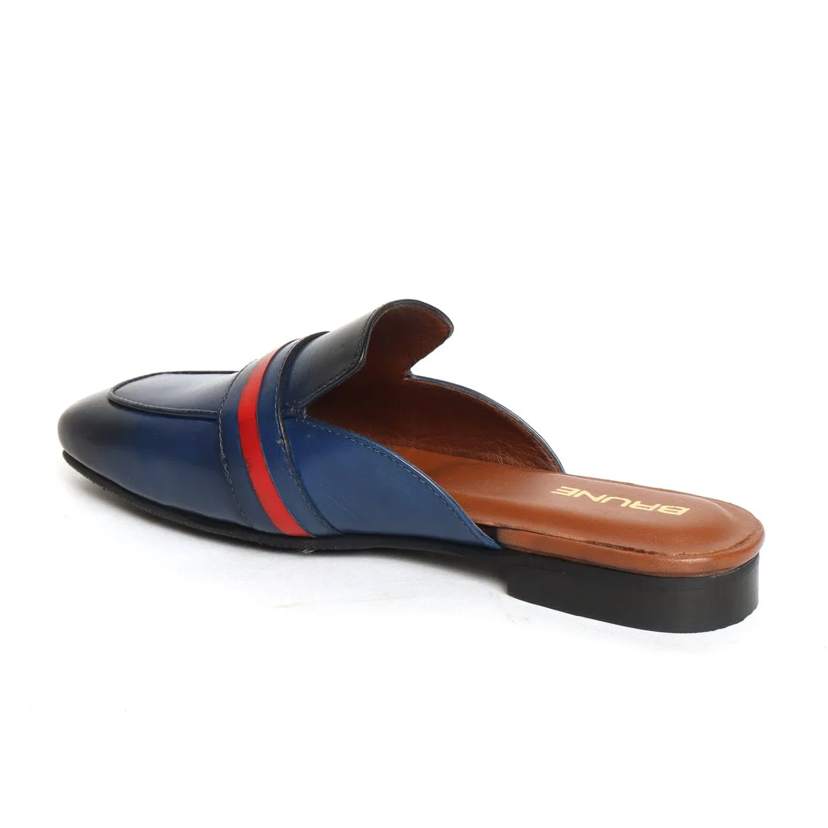 Women's Blue Leather Mules with Lion Badge & Contrasting Red/Blue Strap by Brune & Bareskin