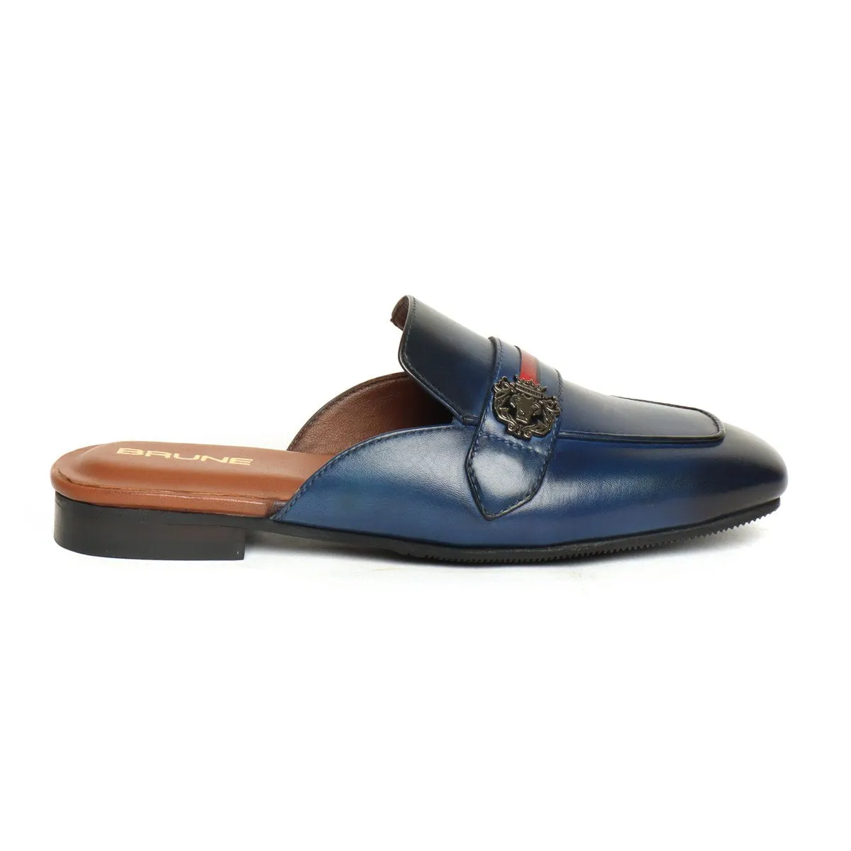 Women's Blue Leather Mules with Lion Badge & Contrasting Red/Blue Strap by Brune & Bareskin