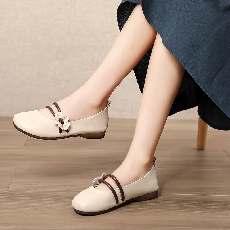 Womens Handmade Flower Leather Flat Soft Sole Shoes