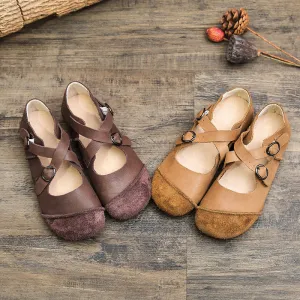 Womens Handmade Soft Leather Cross Strap Flats Shoes