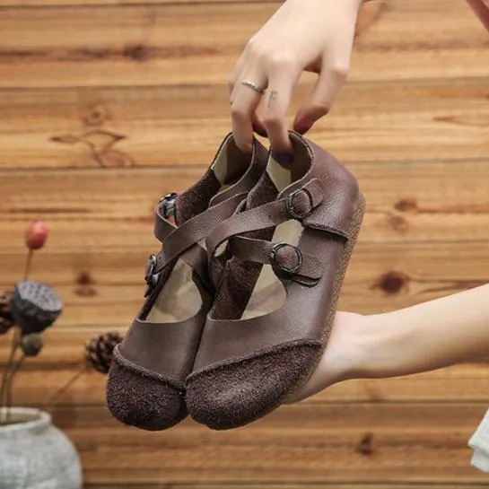 Womens Handmade Soft Leather Cross Strap Flats Shoes