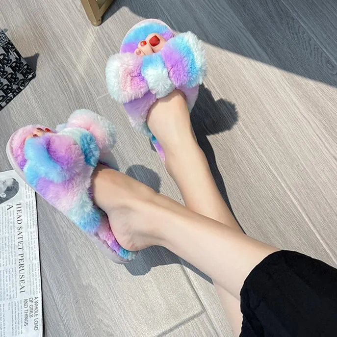 Women's rainbow striped fluffy slippers winter indoor shoes