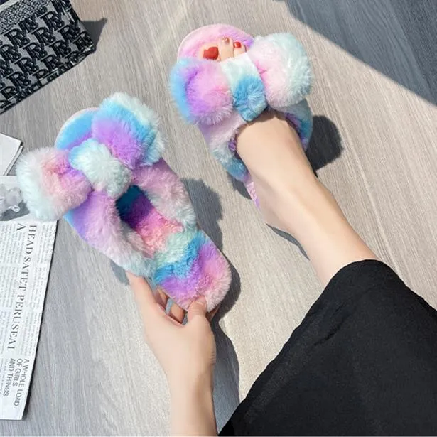 Women's rainbow striped fluffy slippers winter indoor shoes