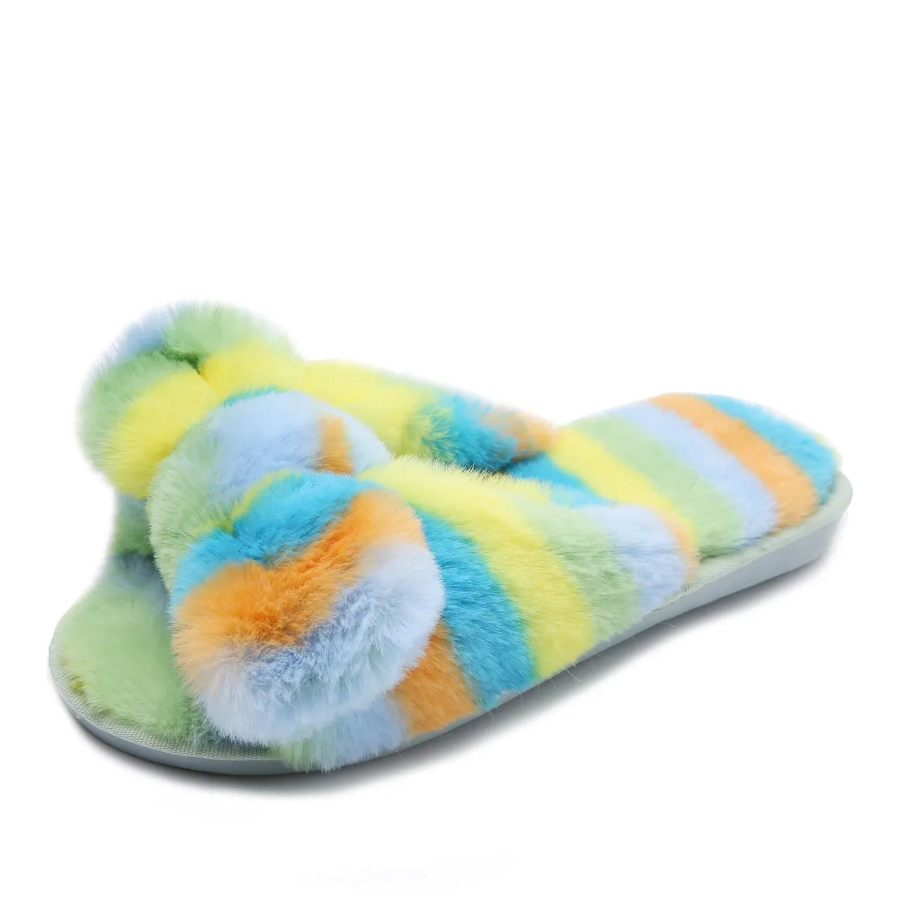 Women's rainbow striped fluffy slippers winter indoor shoes