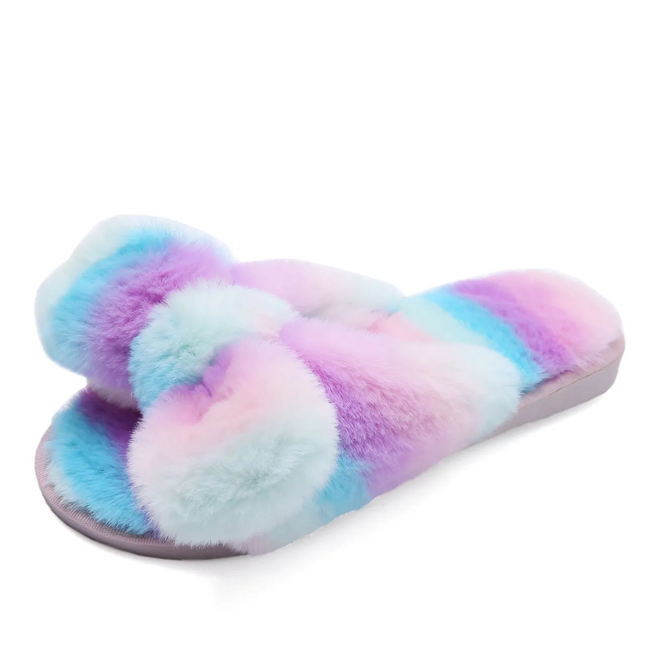 Women's rainbow striped fluffy slippers winter indoor shoes