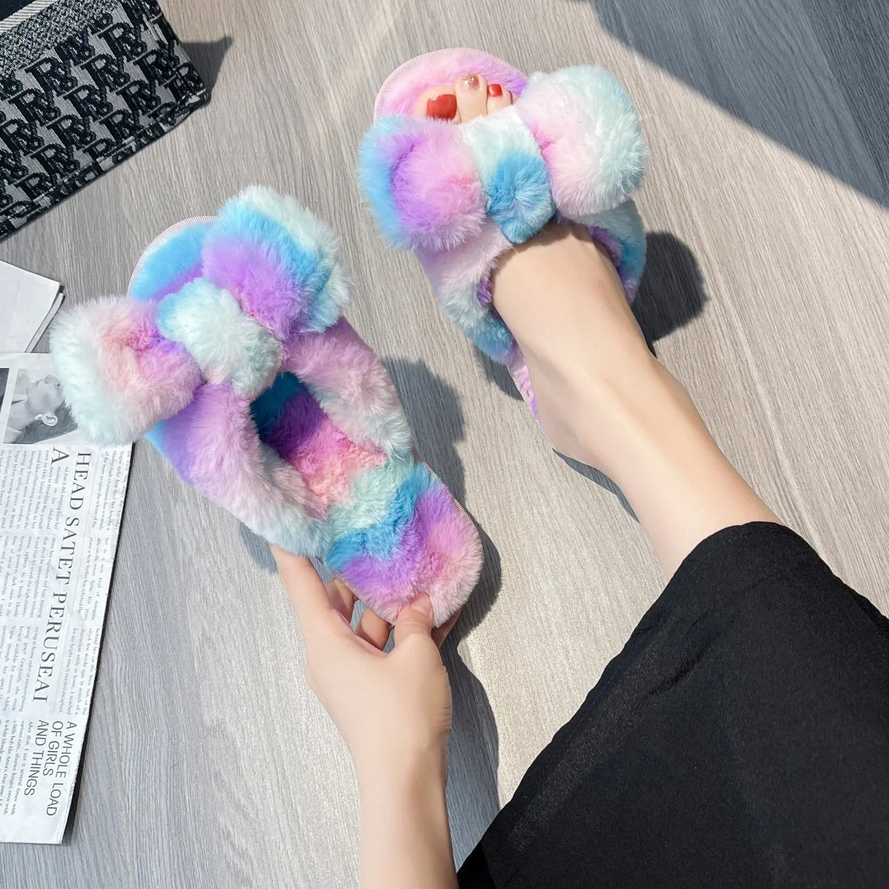 Women's rainbow striped fluffy slippers winter indoor shoes