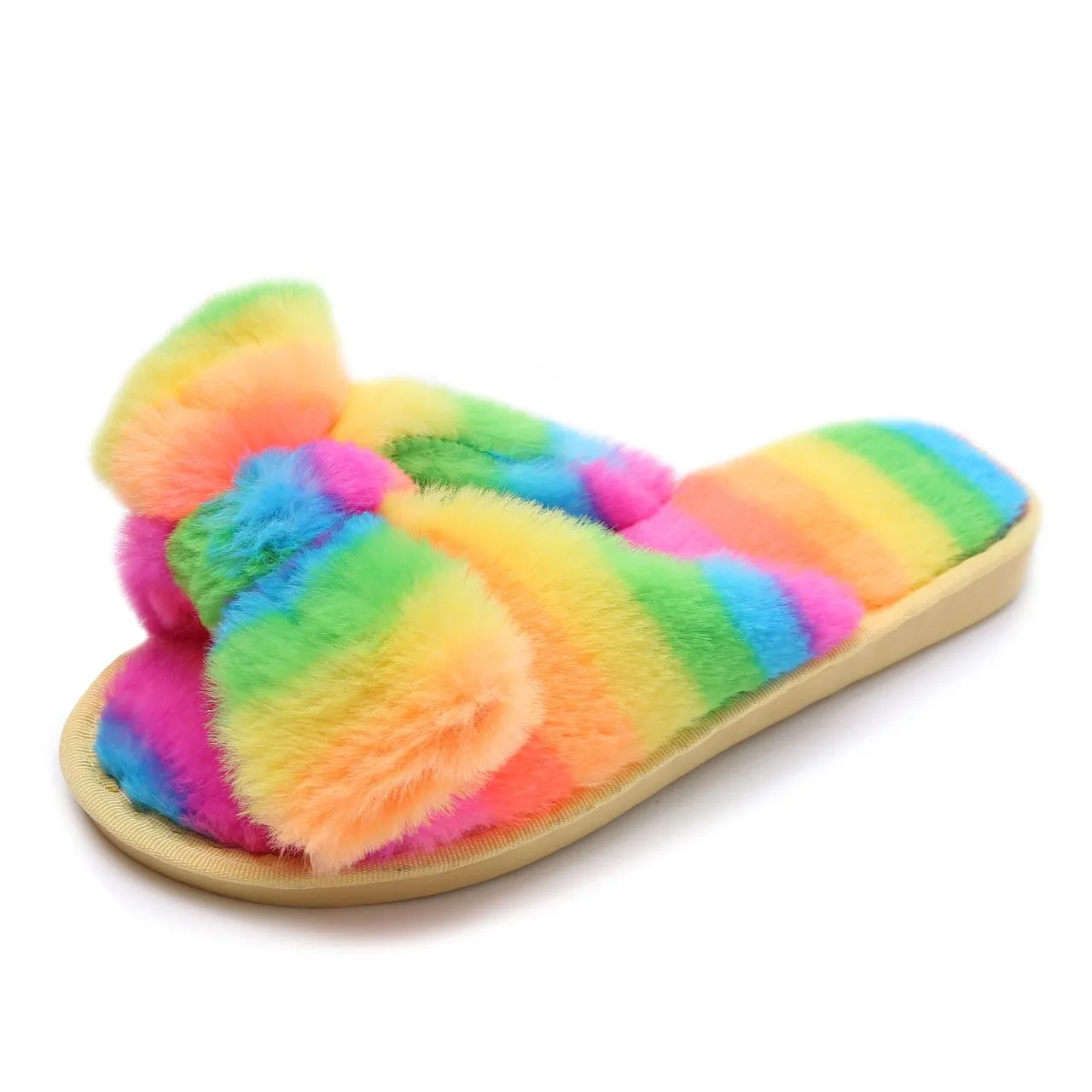 Women's rainbow striped fluffy slippers winter indoor shoes