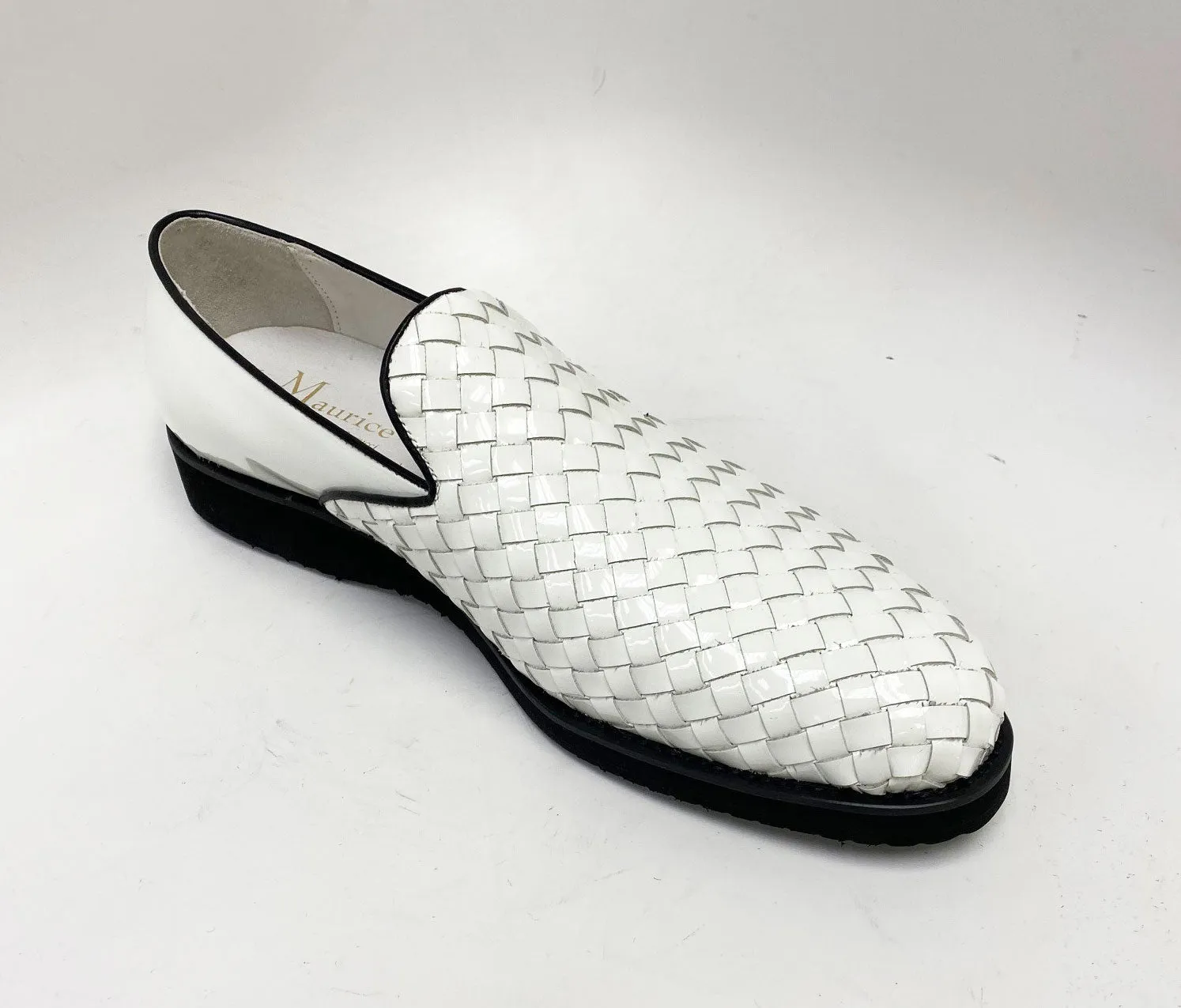 Woven Shiny Calfskin Slip-On Loafer White