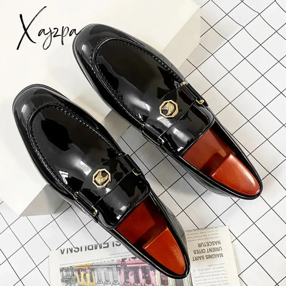 Xajzpa - New Arrivals Loafers for Men Buckled Shiny Black Leather Shoes Slip-On Office & Career  Dress Shoes Free Shipping Big Size 38-47