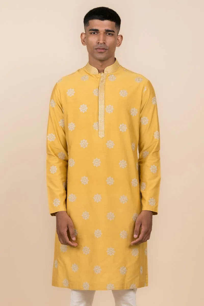 Yellow Ochre All Over Butta Embroidered Kurta Set