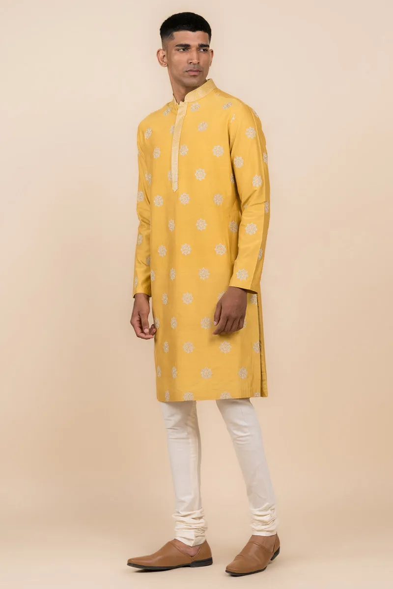 Yellow Ochre All Over Butta Embroidered Kurta Set