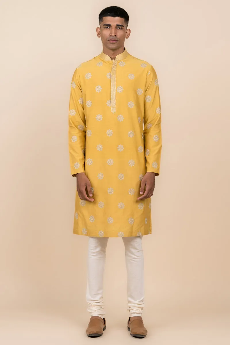 Yellow Ochre All Over Butta Embroidered Kurta Set